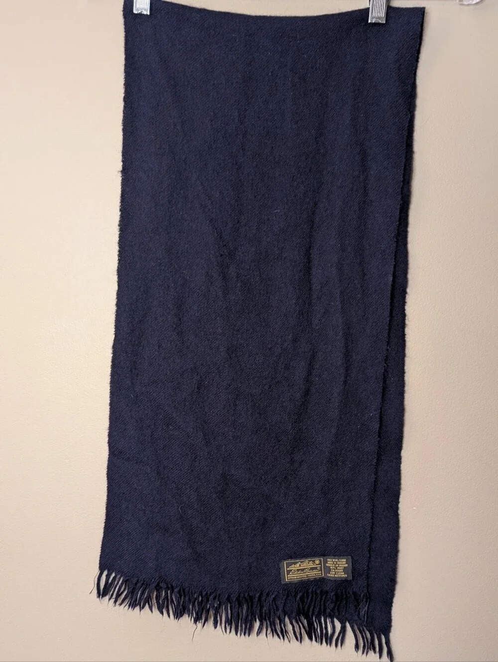 Vintage Eddie Bauer Navy Blue Wool Scarf Fringe Made in USA Winter Unisex